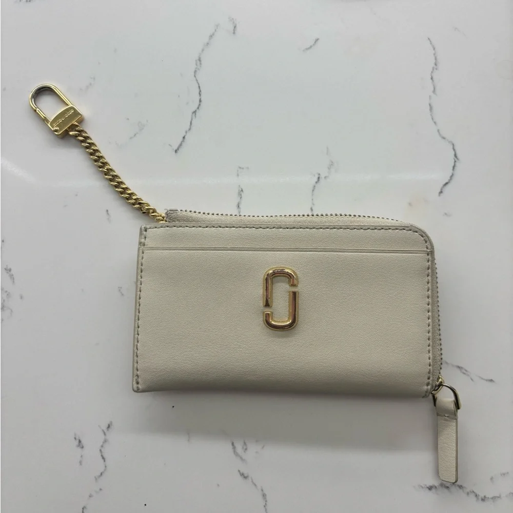 Marc Jacobs Cream Leather Zip Card Case with Gold Hardware